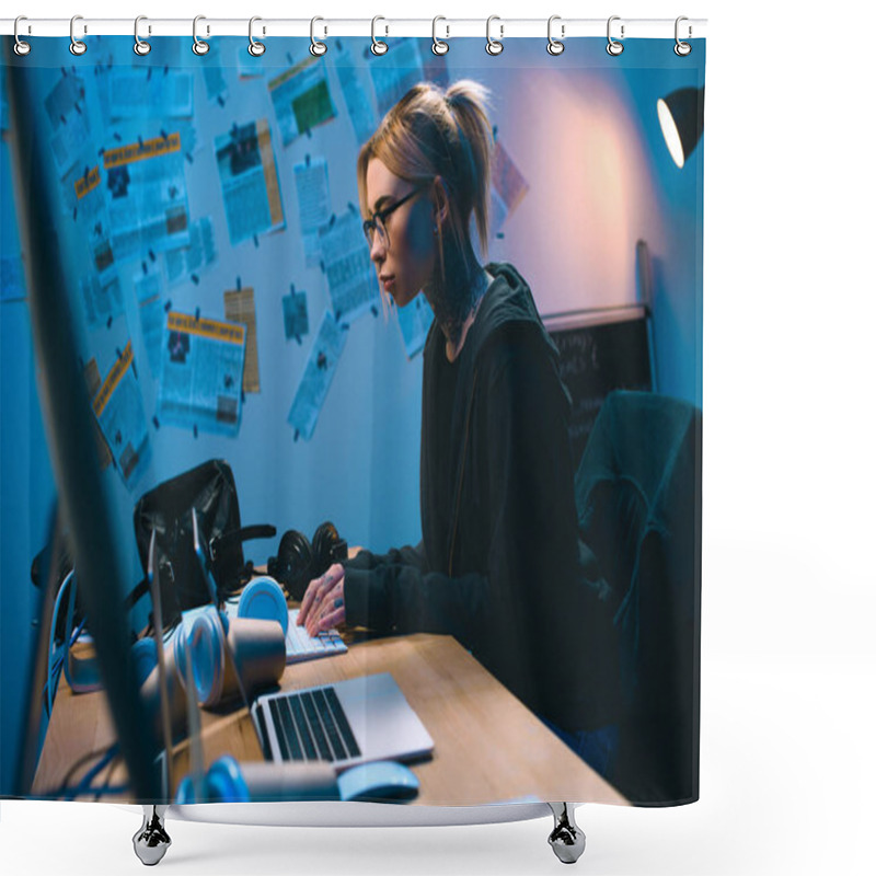 Personality  Side View Of Young Female Hacker Developing Malware In Dark Room Shower Curtains