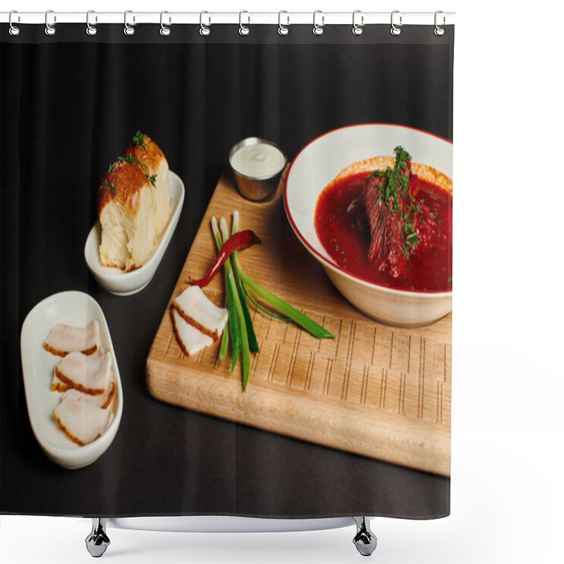 Personality  Traditional Ukrainian Borsch Near Garlic Buns, Pork Lard And Green Onions On Cutting Board On Black Shower Curtains