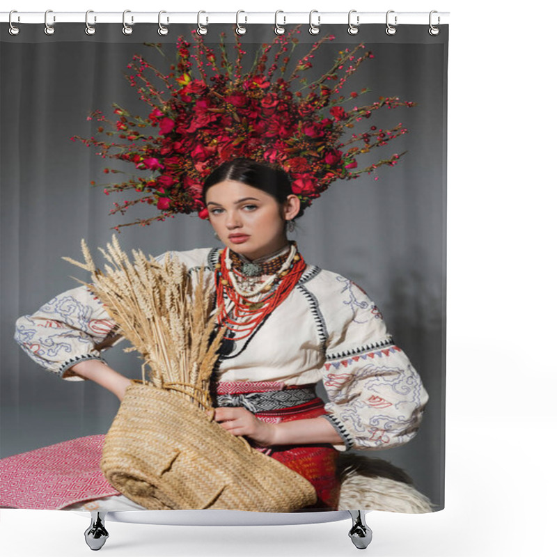 Personality  Pretty Ukrainian Woman In Traditional Clothes And Red Wreath With Berries Holding Bag With Wheat On Grey Shower Curtains