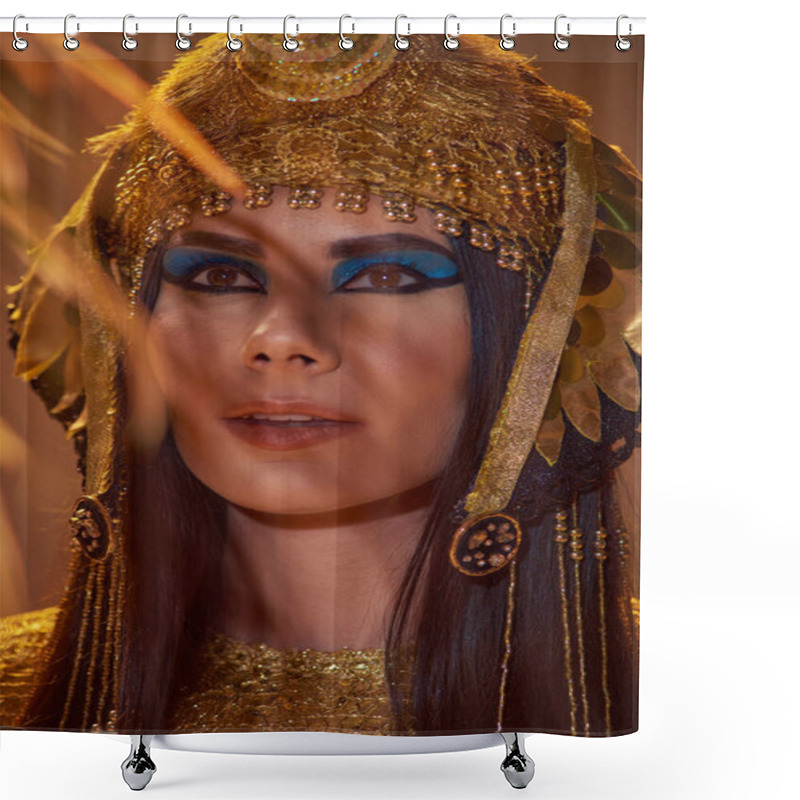 Personality  Portrait Of Woman In Elegant Egyptian Headdress Standing Near Desert Plants Isolated On Brown Shower Curtains