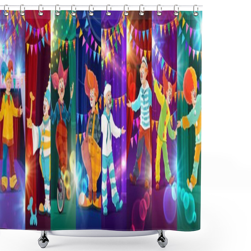 Personality  Cartoon Circus Clown Characters Collage Of Funfair Carnival Performers, Vector Background. Funny Circus Clown Characters In Wigs With Smiles Or Riding Unicycle For Kids Funfair Carnival Or Circus Show Shower Curtains