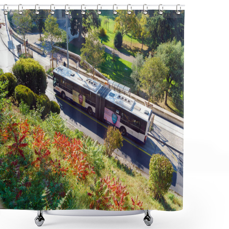 Personality  Geneva, Switzerland - October 18, 2017: Modern Bus At Street Shower Curtains