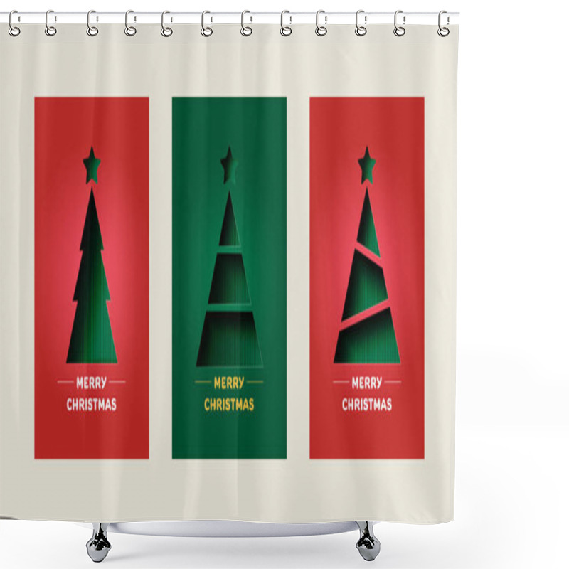 Personality  Set Of Merry Christmas Greeting Card. Trendy Minimalist Geometric Shape Design With Christmas Tree. Paper Art Vector Illustration. Template For Poster, Banner, Holiday Cover. Shower Curtains