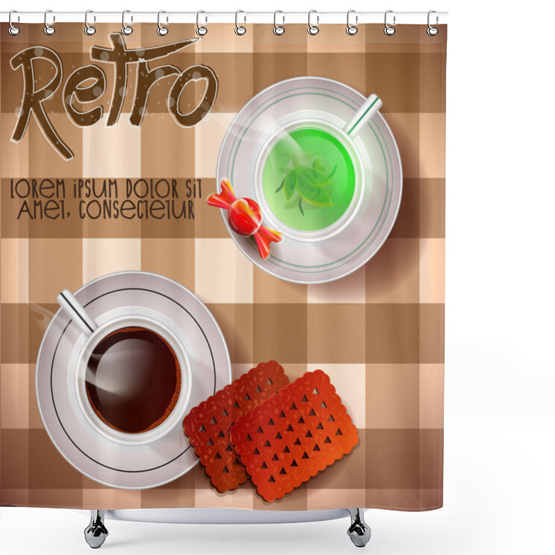 Personality  Table With Coffee Tea And Sweets. Vector Illustration Shower Curtains