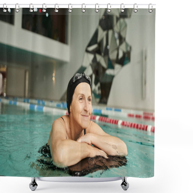 Personality  Tattooed Middle Aged Woman Swimming With Floating Board In Pool, Swim Cap And Goggles, Smile Shower Curtains