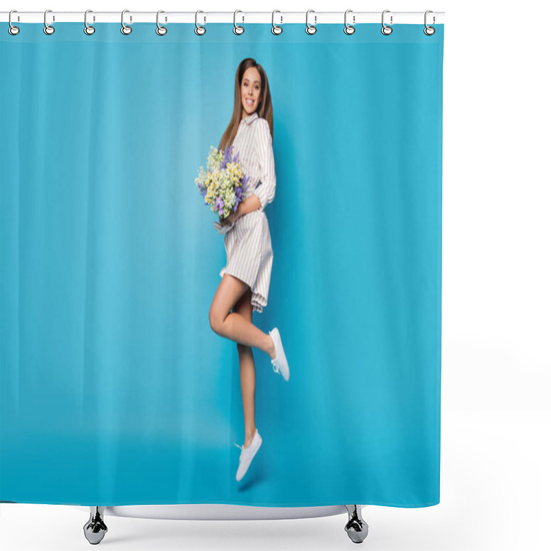 Personality  Full Size Profile Photo Of Pretty Lady Jump High Up Hold Fresh Wildflowers Bunch Enjoy Sunny Day Wear Casual Spring Striped Mini Dress Shoes Isolated Blue Bright Color Background Shower Curtains