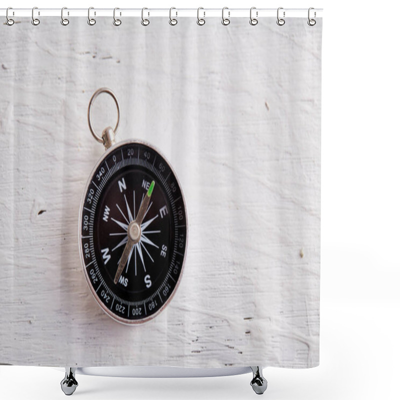 Personality  Compass On The White Wooden Table Background, Concept For Direction, Travel, Guidance Or Assistance Shower Curtains