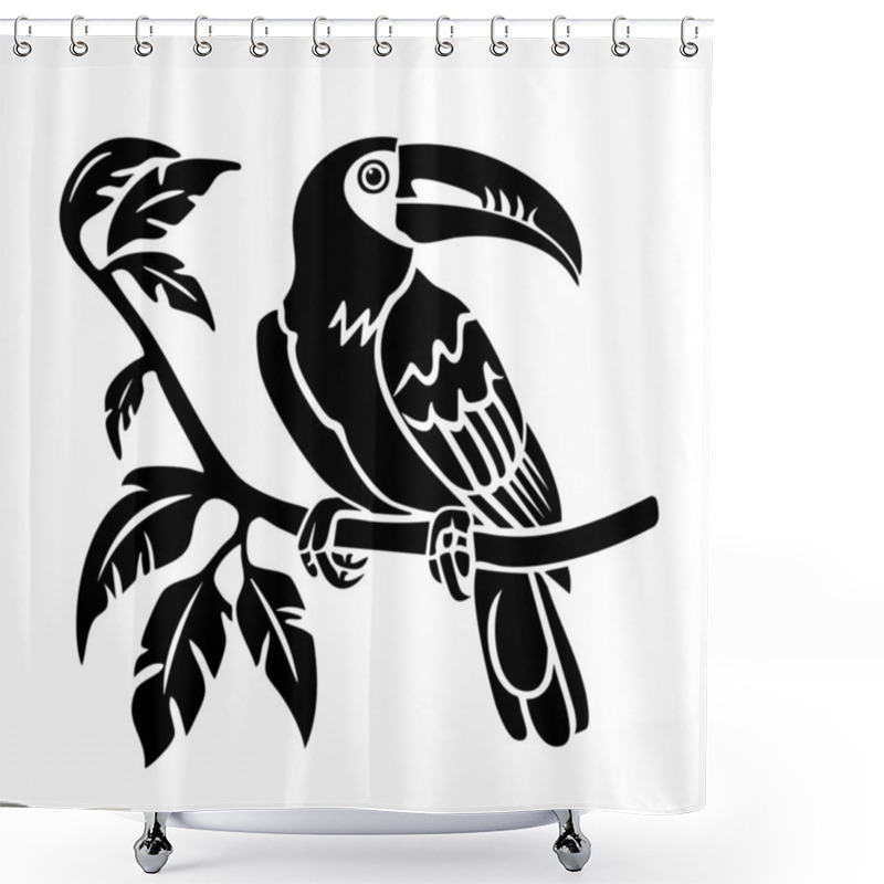 Personality  A Black And White Silhouette Of A Toucan Perched On A Branch With Tropical Leaves. The Design Is Clean, Bold, And Artistic. Wildlife Animals. Shower Curtains