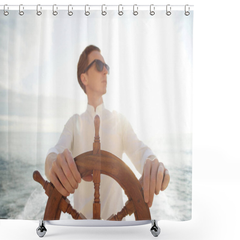 Personality  Young Captain Holding Hand On Ship Rudder. Shower Curtains