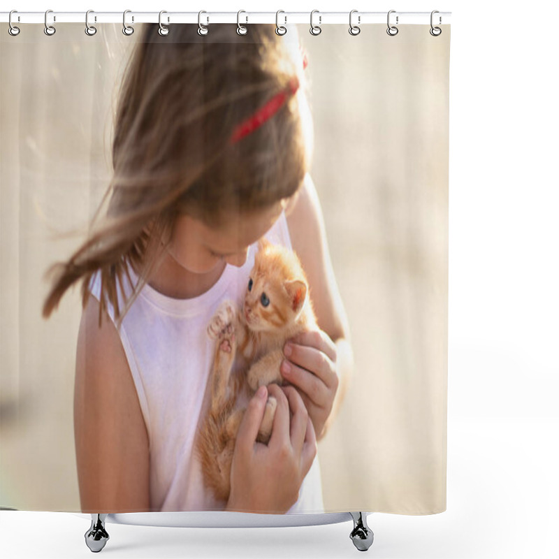 Personality  Little Girl Holding Baby Cat. Kids And Pets Shower Curtains