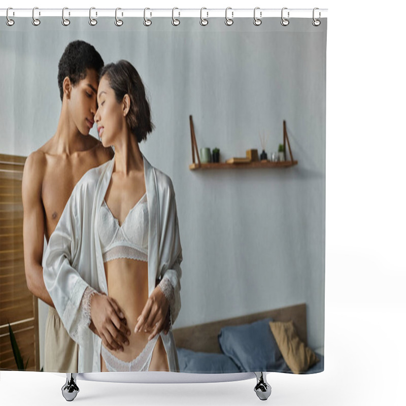 Personality  A Young Asian Woman In A White Robe And An African American Man Embrace And Kiss In A Bedroom Setting. Shower Curtains