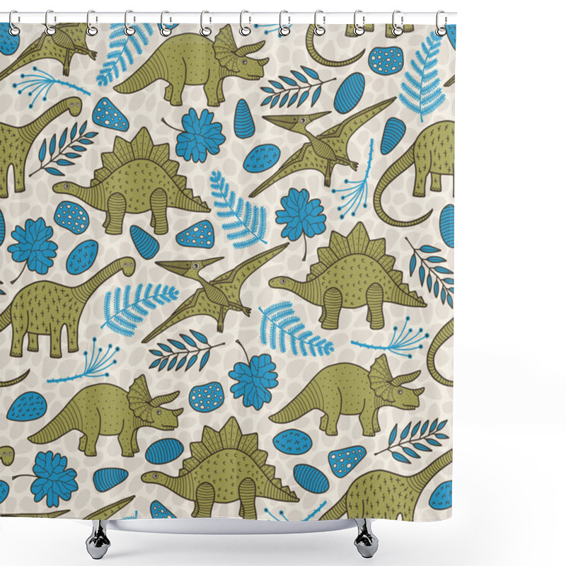 Personality  Vector Dino Seamless Pattern In Green And Blue. Simple Doodle Dinosaur, Leaf And Rock Hand Drawn Made Into Repeat. Great For Background, Wallpaper, Wrapping Paper, Packaging, Kids Fashion. Shower Curtains