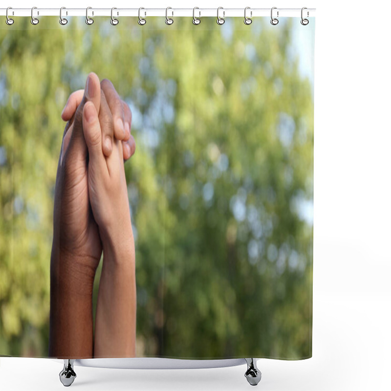 Personality  Woman And African American Man Holding Hands Outdoors, Closeup Shower Curtains