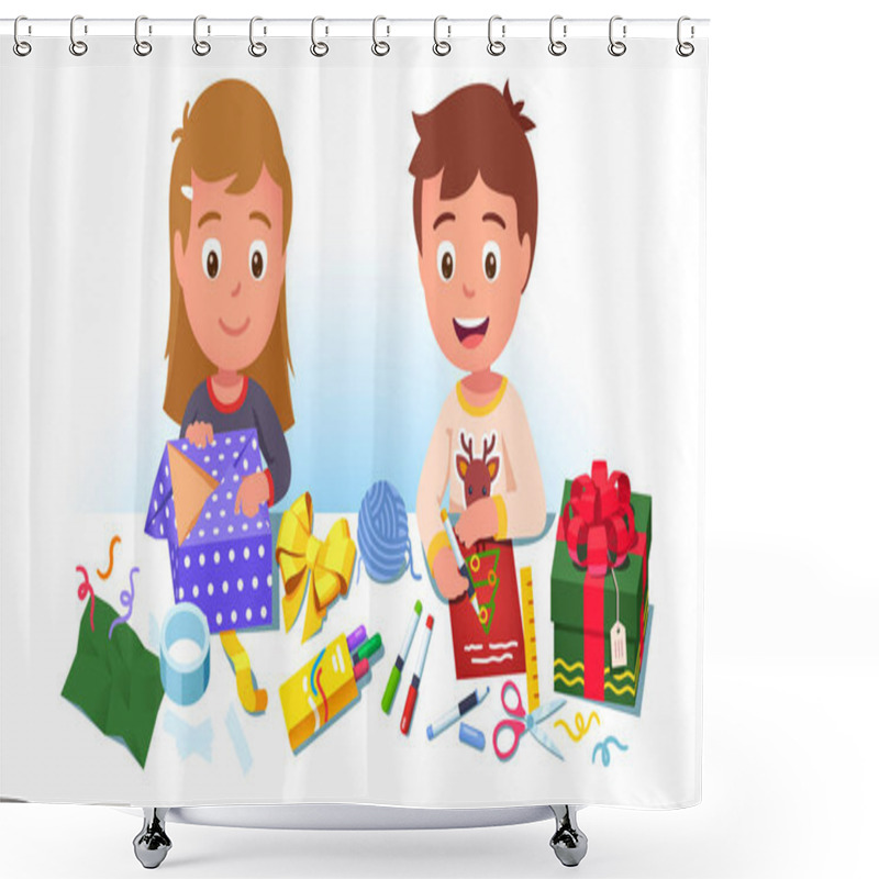 Personality  Two Kids Wrapping Decorating Holiday Gift Boxes Shower Curtains