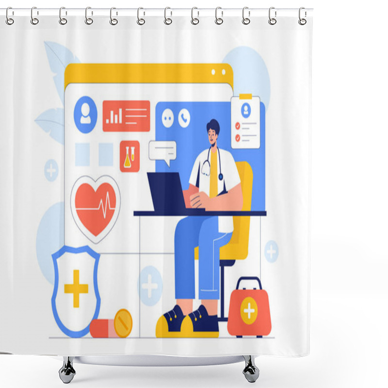 Personality  Remote Health Monitoring Vector Illustration Featuring The Use Of Digital Technology To Track Medical And Health Data In A Fat Style Background Shower Curtains