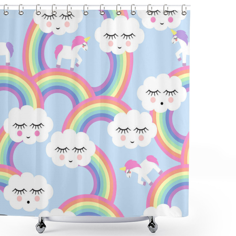 Personality  Seamless Pattern With Smiling Sleeping Clouds And Rainbows Shower Curtains