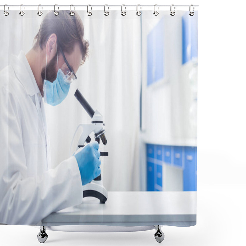 Personality  Interesting Job. Serious Nice Intelligent Man Sitting In The Lab And Looking Into The Microscope While Working As A Biologist Shower Curtains