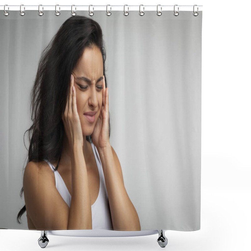 Personality  Upset Unhappy Millennial Middle Eastern Woman In Pain Rubbing Temples, Suffering From Headache Migraine During Period, Isolated On Grey Background, Closeup Shot, Copy Space Shower Curtains