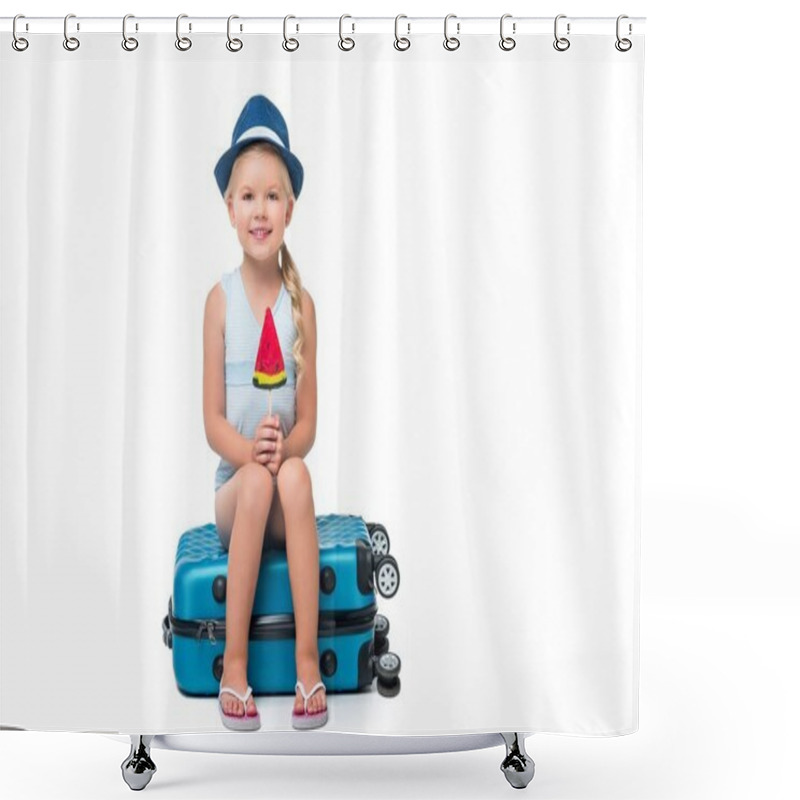 Personality  Happy Child Sitting On Suitcase Shower Curtains