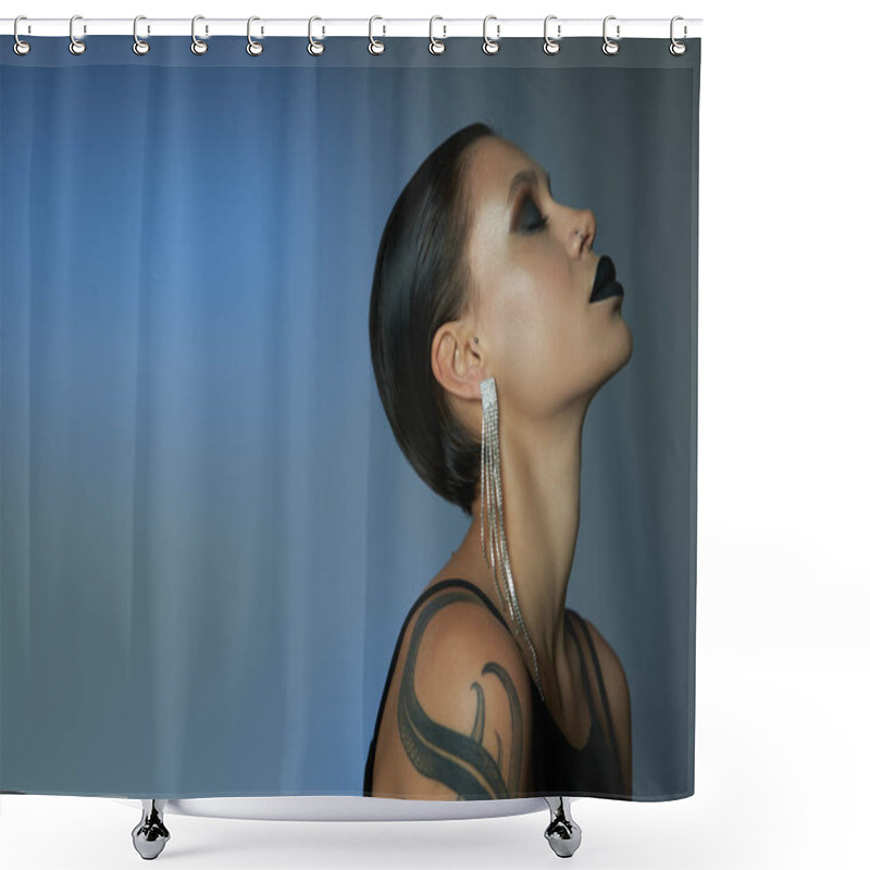 Personality  Profile Of Tattooed Woman With Dark Makeup, Shiny Earring And Closed Eyes On Blue Grey Backdrop Shower Curtains