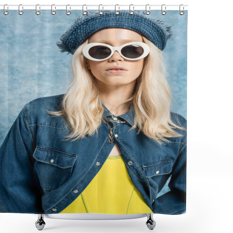 Personality  Young Blonde Woman In Denim Panama Hat And Sunglasses Posing Near Blue Textured Background   Shower Curtains