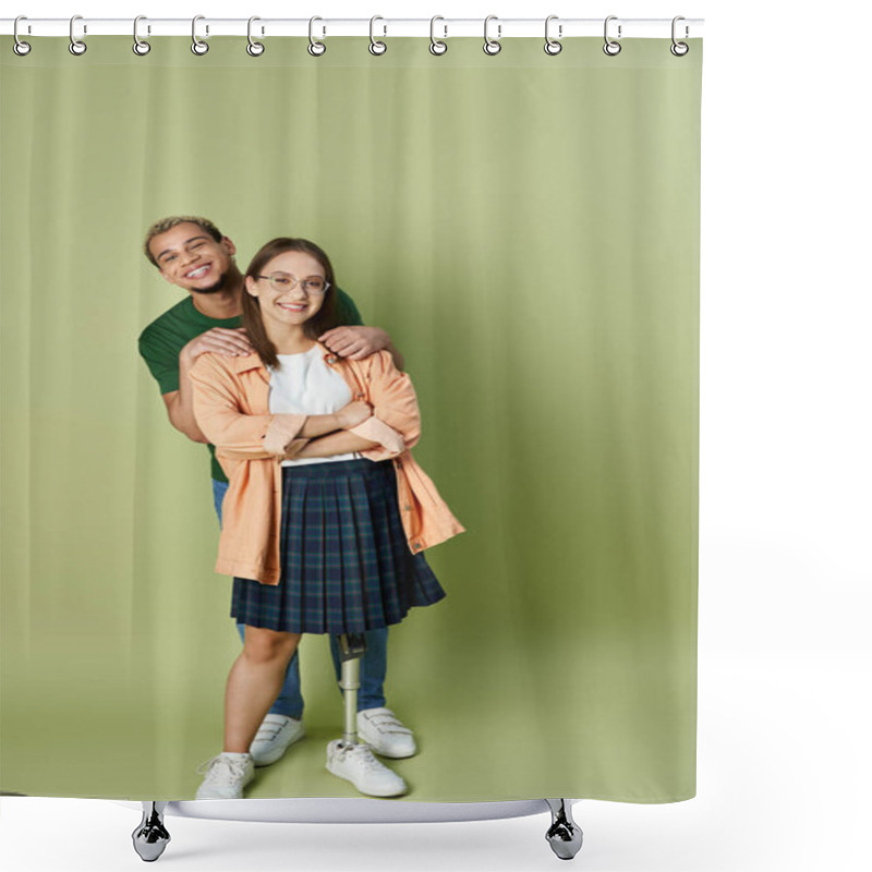 Personality  Friends Embrace Each Other Radiating Happiness In A Cheerful, Green Setting. Shower Curtains