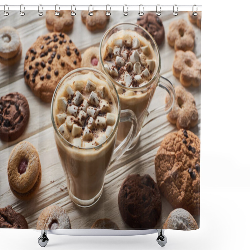 Personality  Cacao With Marshmallow In Mugs Near Cookies On White Wooden Table Shower Curtains