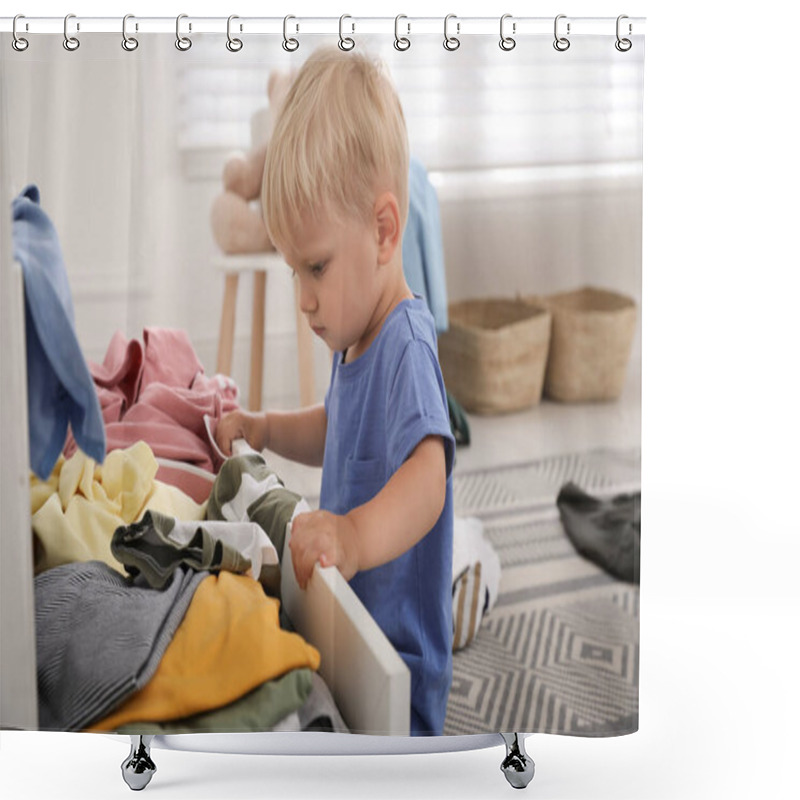 Personality  Cute Little Boy Playing With Clothes In Dresser's Drawer At Home Shower Curtains