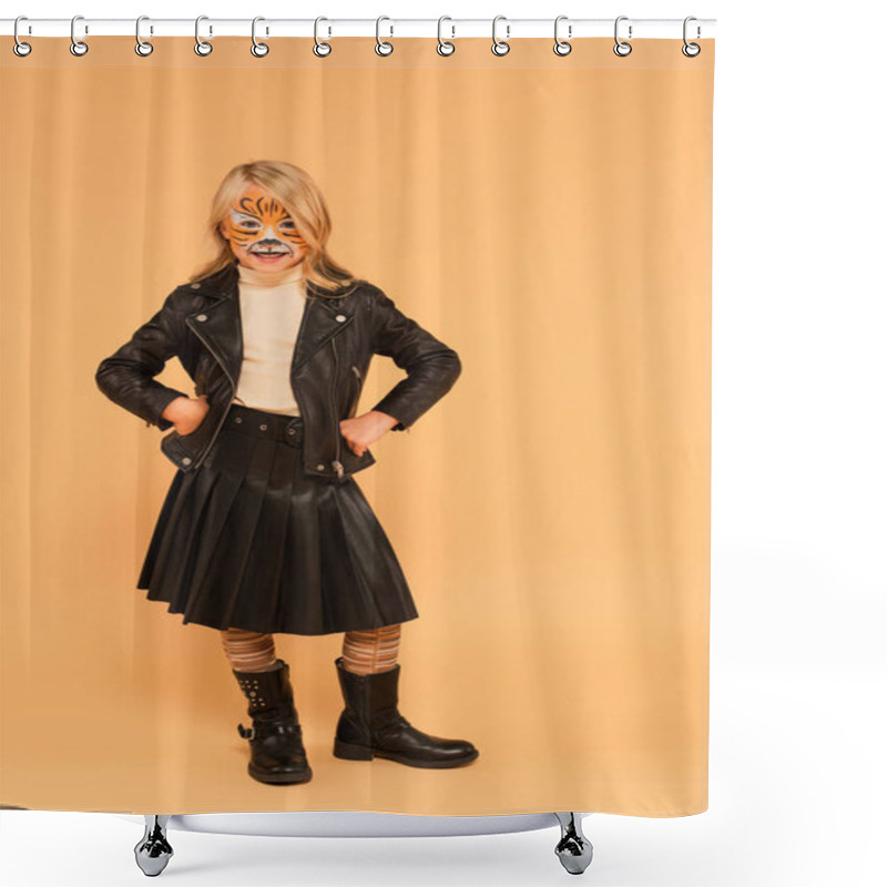 Personality  Cheerful Girl In Tiger Makeup, Leather Jacket And Boots Posing With Hands On Hips On Beige Shower Curtains