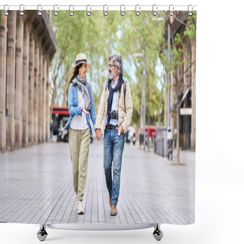 Personality  Happy Adult Caucasian Tourist Couple Looking At Each Other Walking Holding Hand For Street In City. Mature People In Love Enjoying Romantic Getaway. Positive Relationships And Spring Retiree Holidays Shower Curtains