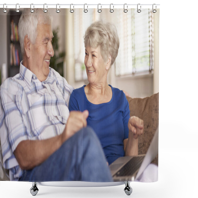 Personality  Senior Couple Using Laptop Together Shower Curtains