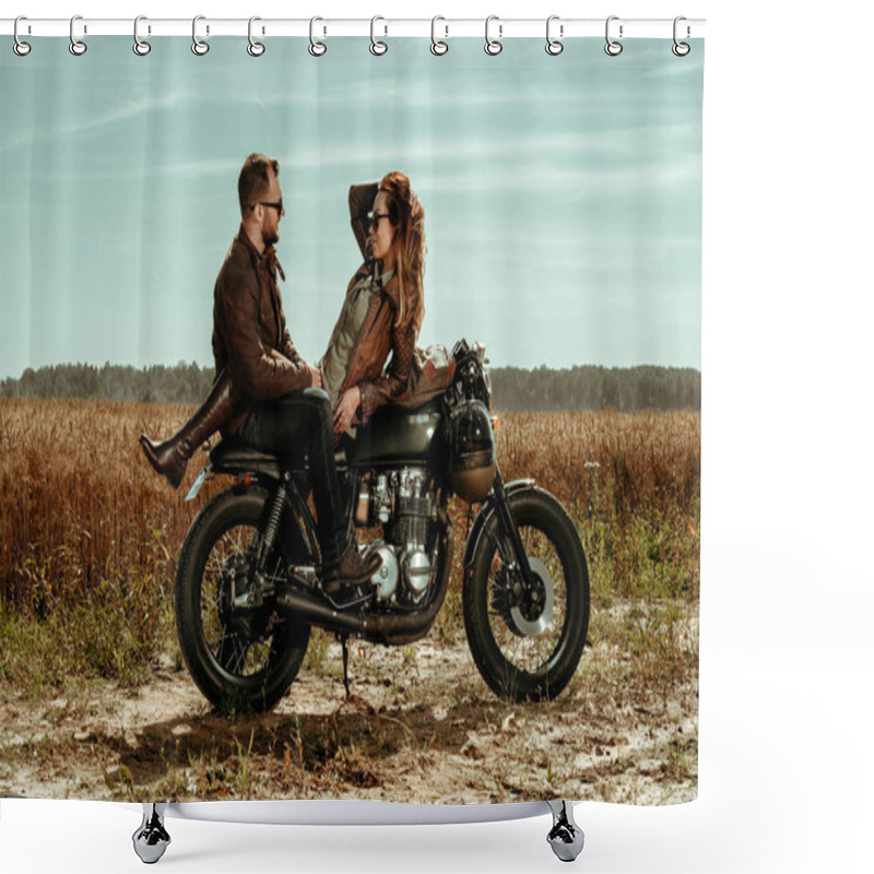 Personality  Couple And Cafe Racer Motorcycle Shower Curtains