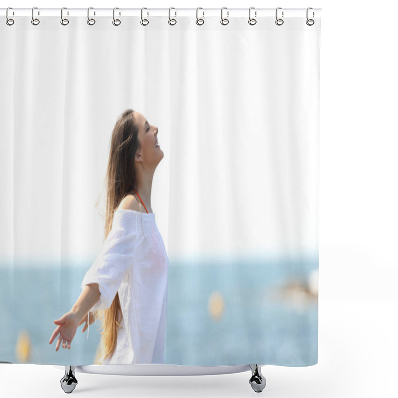 Personality  Side View Portrait Of A Relaxed Woman Breathing Fresh Air On The Beach Shower Curtains