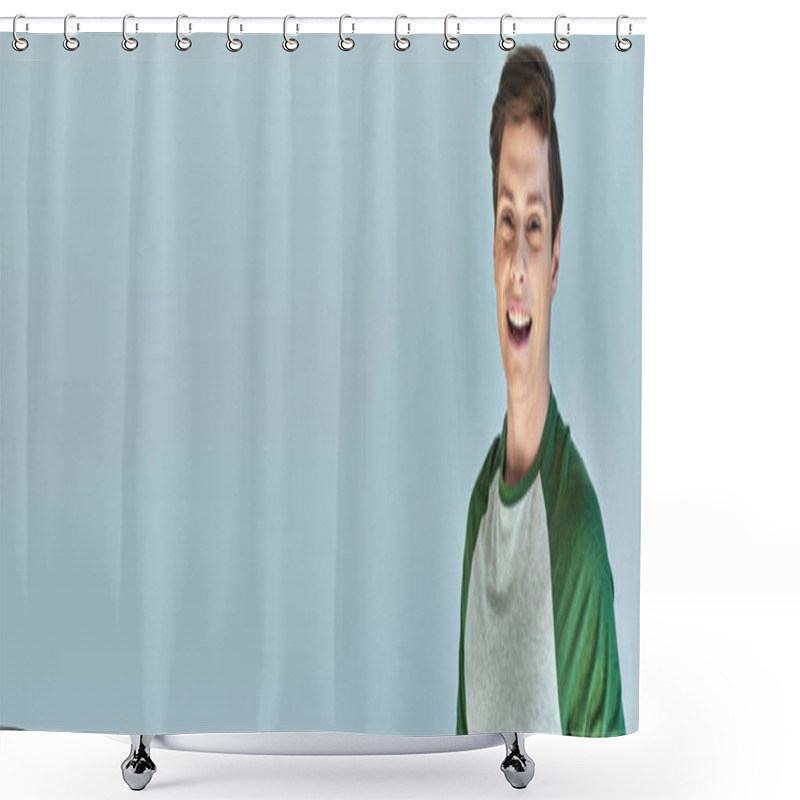 Personality  Joyful Laughing Young Man In Casual Long Sleeve Looking At Camera Posing On Grey Backdrop, Banner Shower Curtains