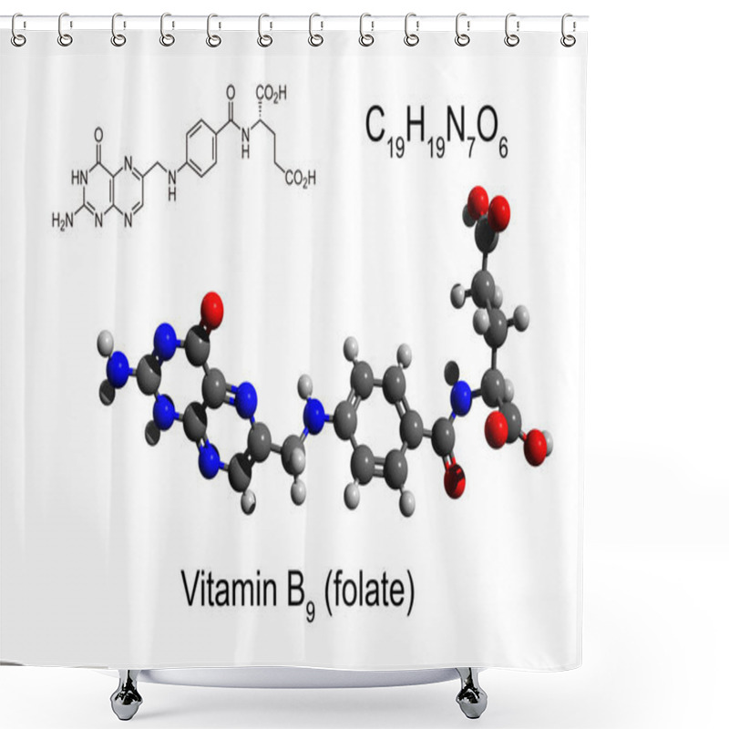 Personality  Chemical Formula, Structural Formula And 3D Ball-and-stick Model Of Vitamin B9 (folate), White Background Shower Curtains