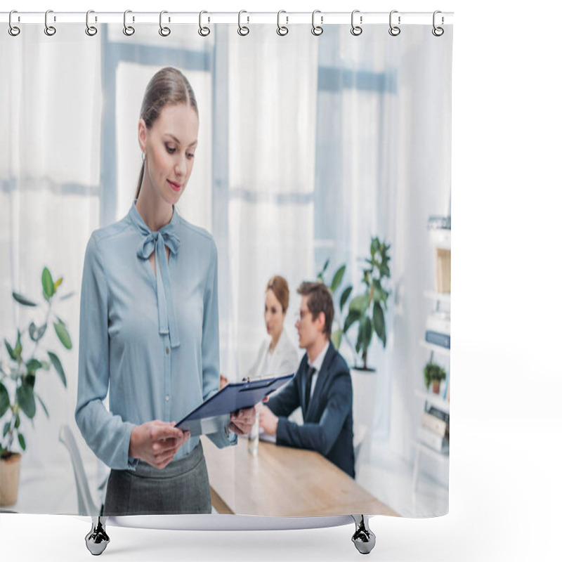 Personality  Selective Focus Of Attractive Recruiter Looking At Clipboard Near Colleagues   Shower Curtains