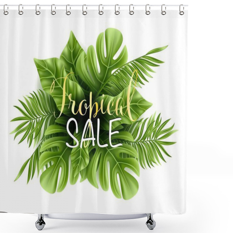 Personality  Tropical Palm Leaf Set Isolated On White Background With Gold Lettering. Realistic Green Summer Plant. Vector Jungle Plants Illustration Shower Curtains