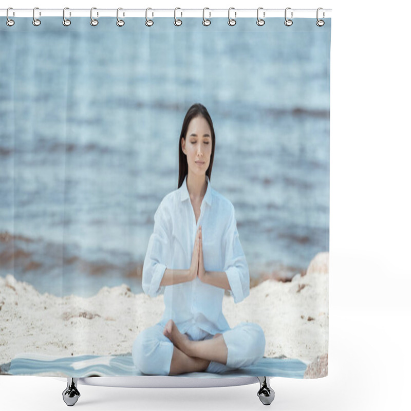 Personality  Attractive Asian Woman Meditating In Anjali Mudra (salutation Seal) Pose On Yoga Mat By Sea  Shower Curtains