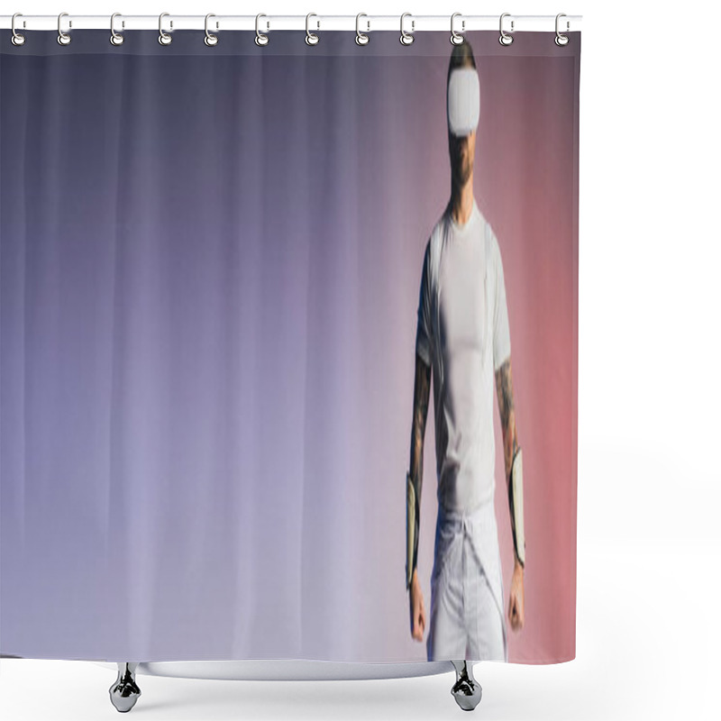 Personality  A Man With A Blindfold Covering His Face In A Surreal Studio Setting, Exploring The Depths Of The Metaverse. Shower Curtains