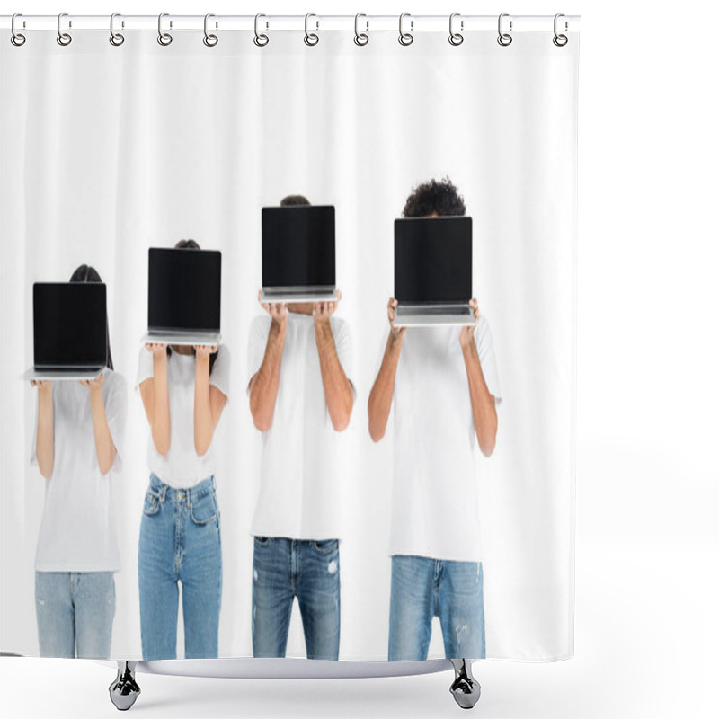 Personality  Multiethnic Friends In T-shirts And Jeans Obscuring Faces With Laptops With Blank Screen Isolated On White Shower Curtains