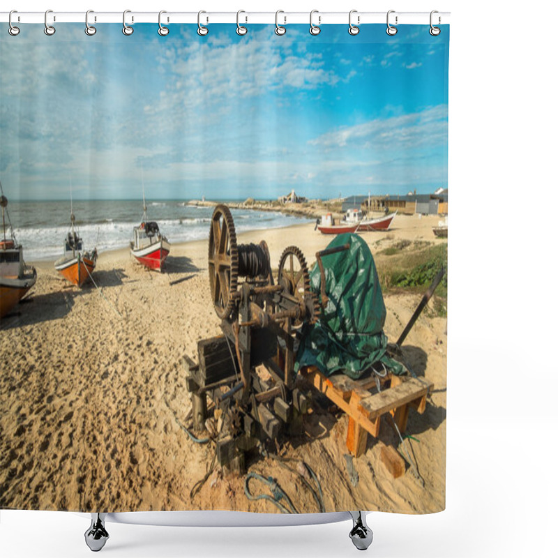 Personality  Old Winch At The Beach Shower Curtains