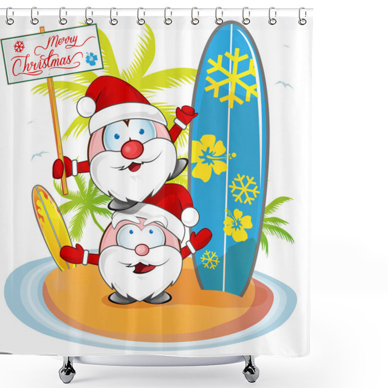 Personality   Santa Claus Cartoon On Island Beach Background Shower Curtains