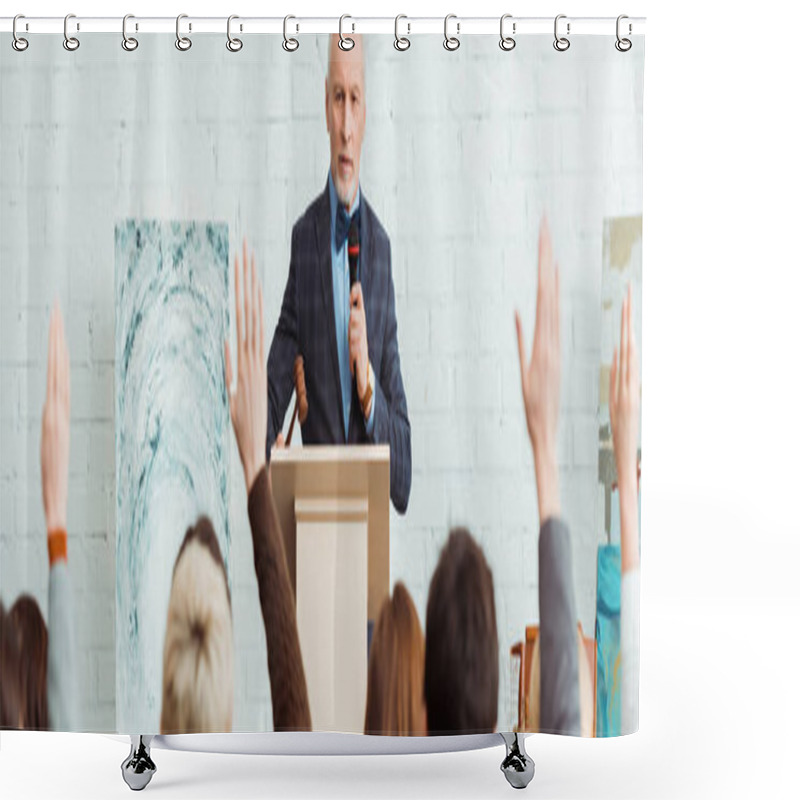 Personality  Panoramic Shot Of Auctioneer Holding Gavel And Microphone And Looking At Buyers With Raised Hands During Auction Shower Curtains