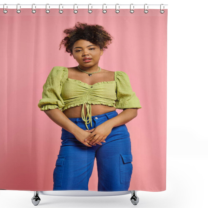 Personality  Stylish African American Woman Poses In Yellow Top And Blue Pants Against A Vibrant Backdrop. Shower Curtains