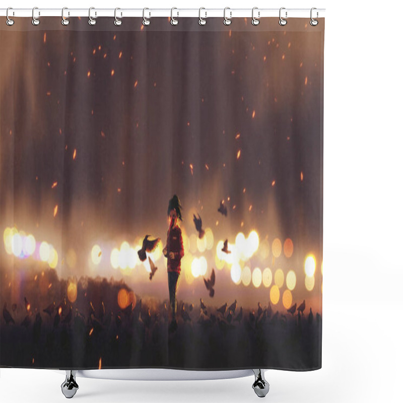 Personality  Little Girl With A Mask Feeding Birds In Evening Time, Digital Art Style, Illustration Painting Shower Curtains