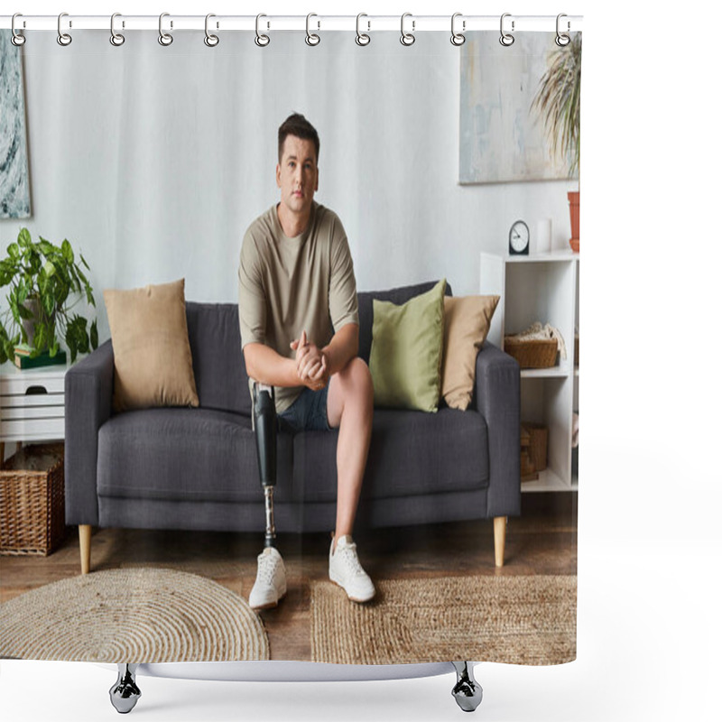 Personality  Handsome Young Man Relaxes On A Couch In A Modern Living Room, Showcasing His Prosthetic Leg. Shower Curtains