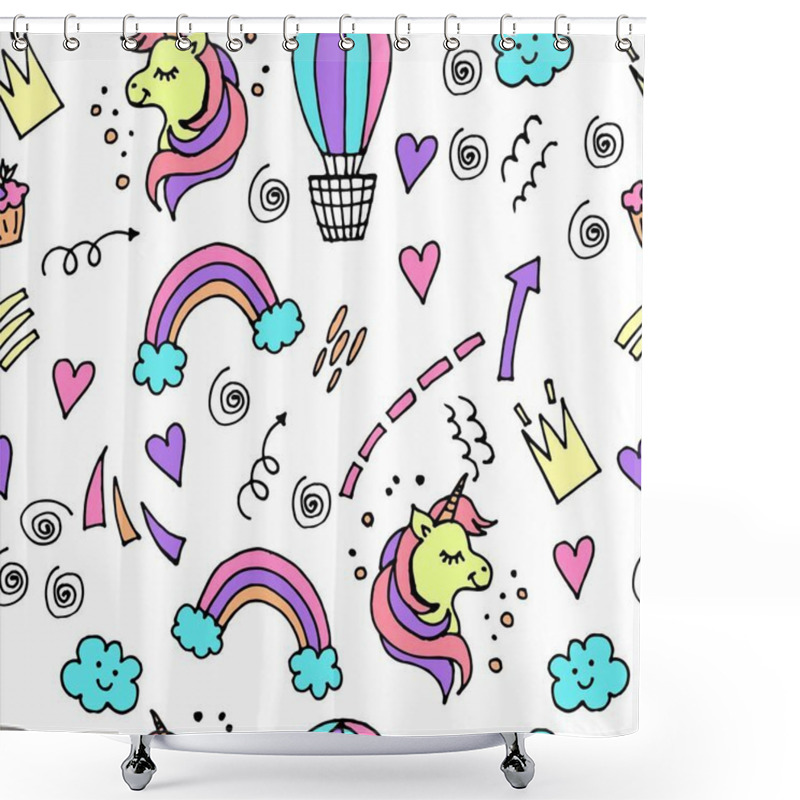 Personality  Seamless Pattern Children S Dudling For Girls, With Unicorns, Clouds, Rainbows And Hearts. Children's Background For The Design Of Textiles, Wallpaper, Packaging. Shower Curtains