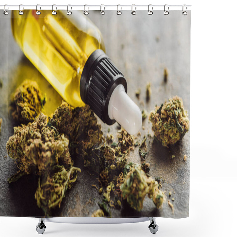 Personality  Close Up View Of Medical Marijuana Buds Near Bottle With Hemp Oil On Marble Surface Shower Curtains