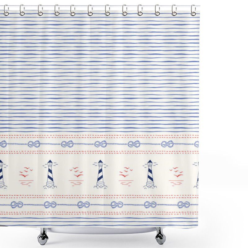 Personality  Hand-Drawn Horizontal Border With Ropes, Stitches, Marine Landscape And Lightouses Vector Seamless Pattern. Blue Stripes Shower Curtains