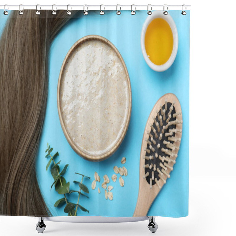 Personality  Flat Lay Composition With Homemade Hair Mask And Ingredients On Light Blue Background Shower Curtains